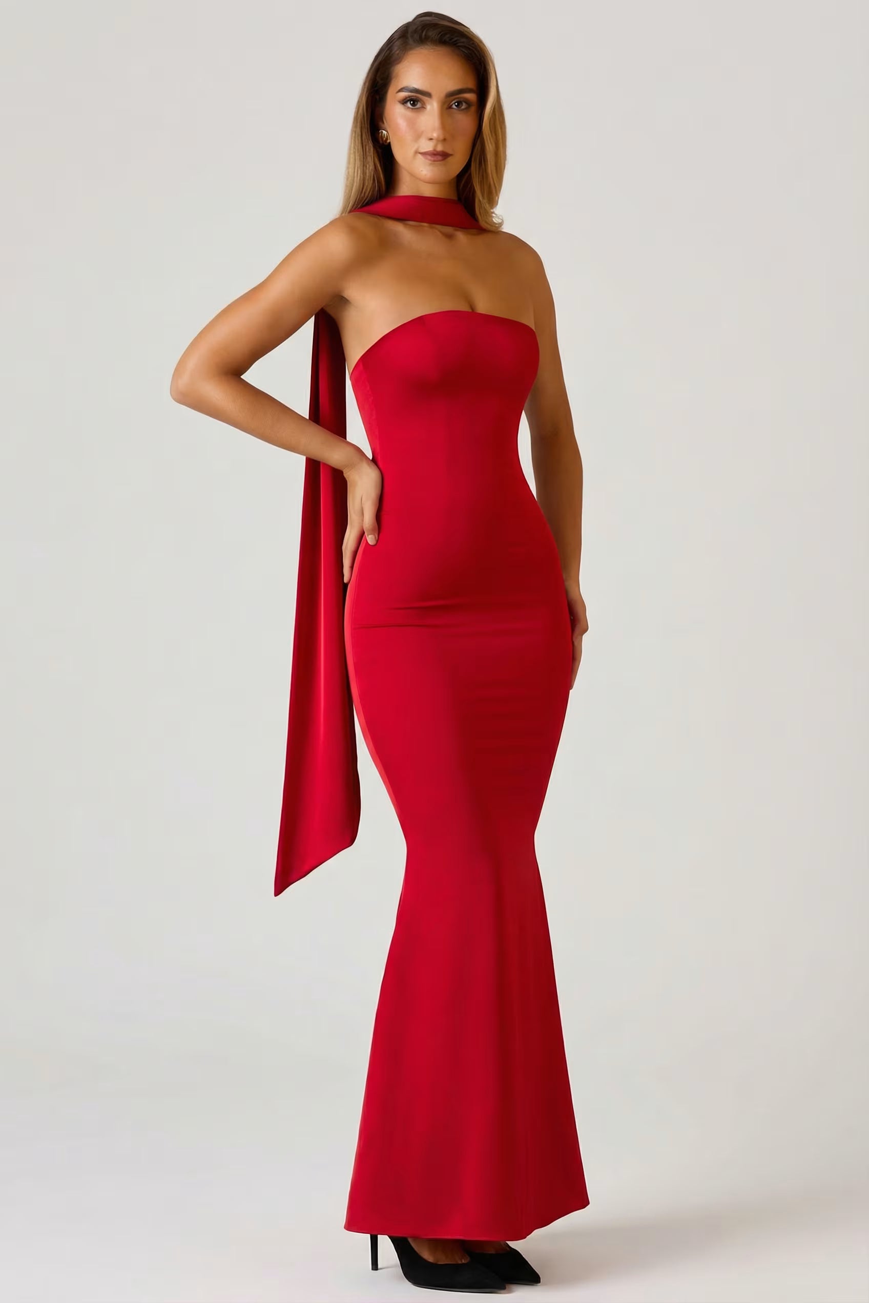 Red Satin with scarf detail maxi dress