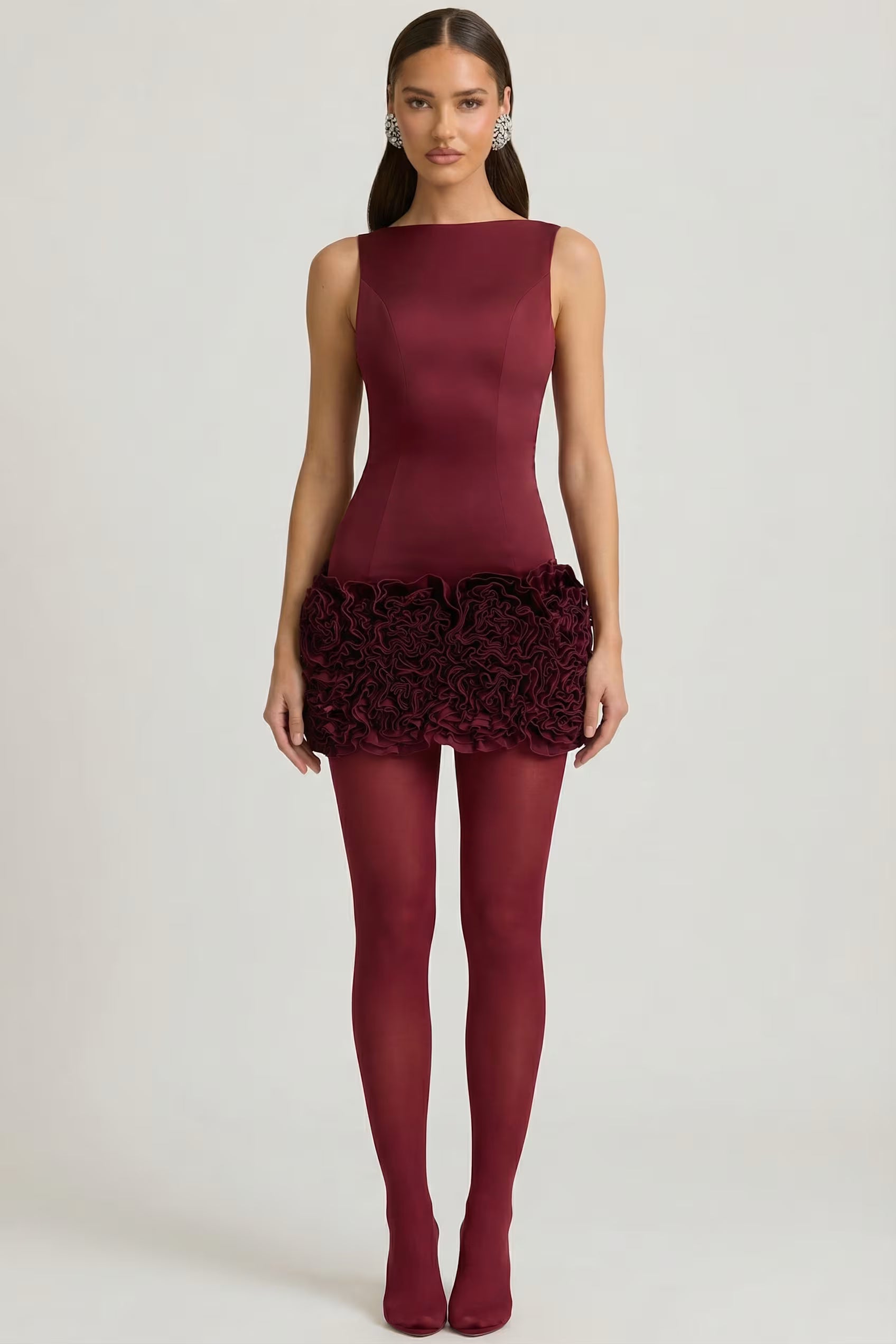 Backlesa 3d floral satin mini dress in burgundy