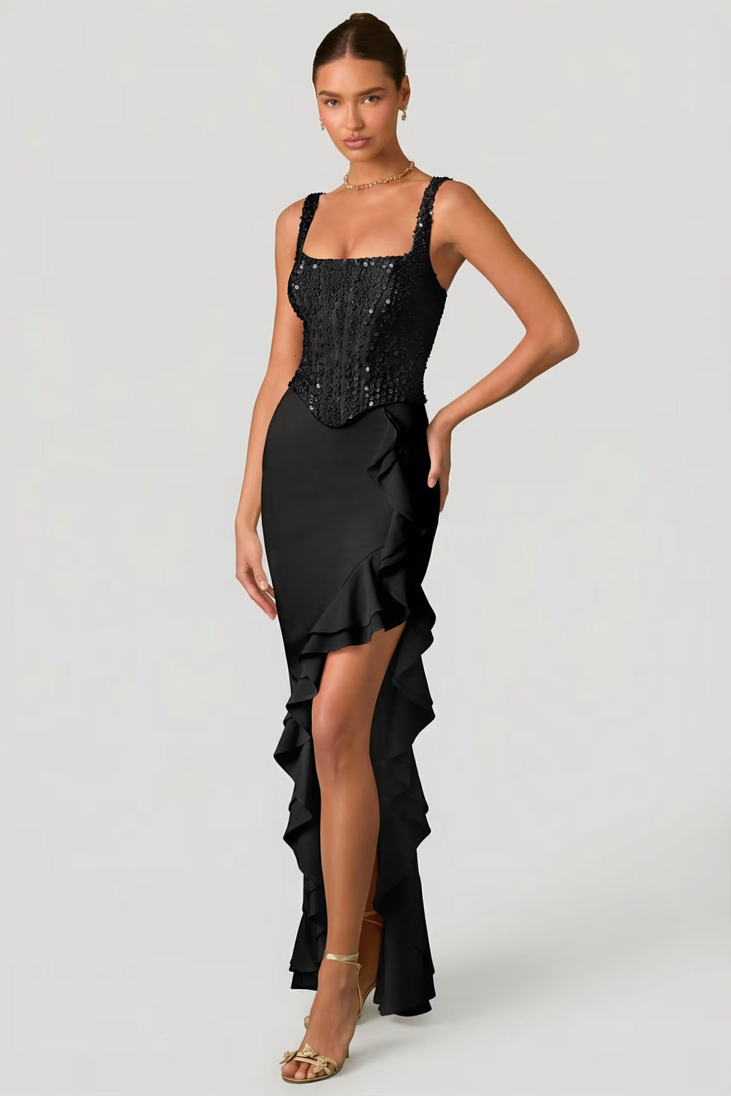 Embellished corset ruffle maxi dress in black
