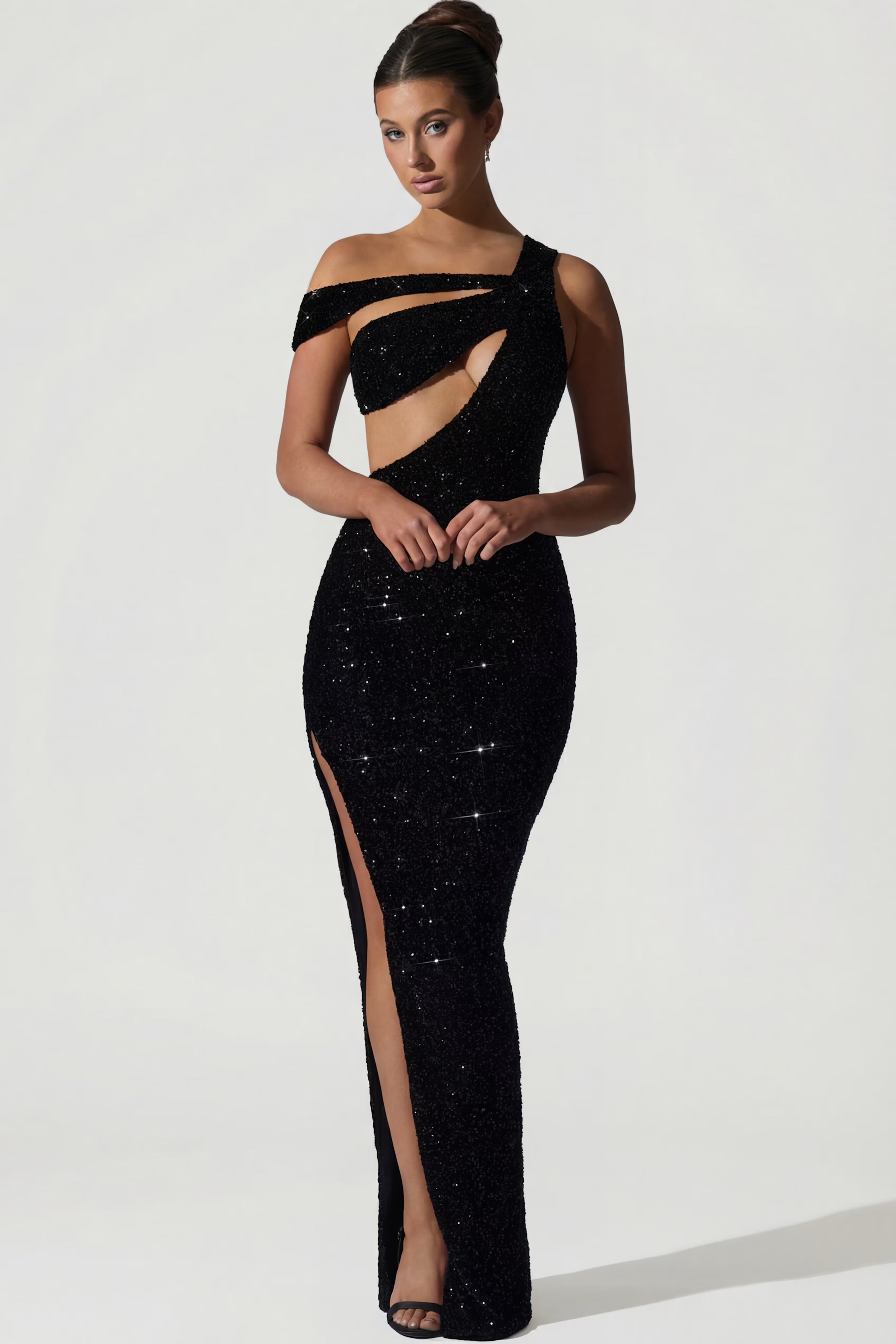 Black cutout asymmetrical sequin maxi dress
