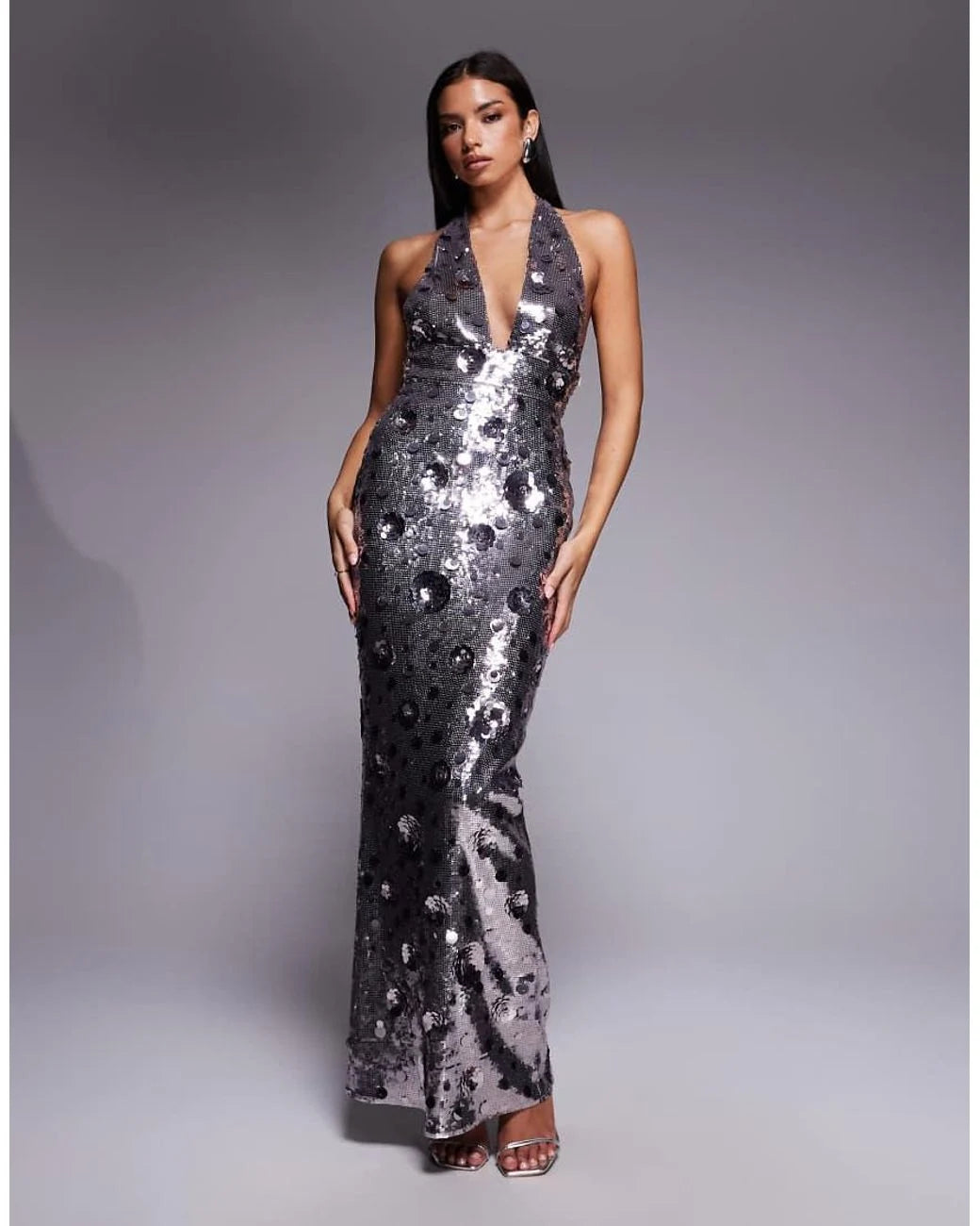Embellished halter backless 3d floral maxi dress