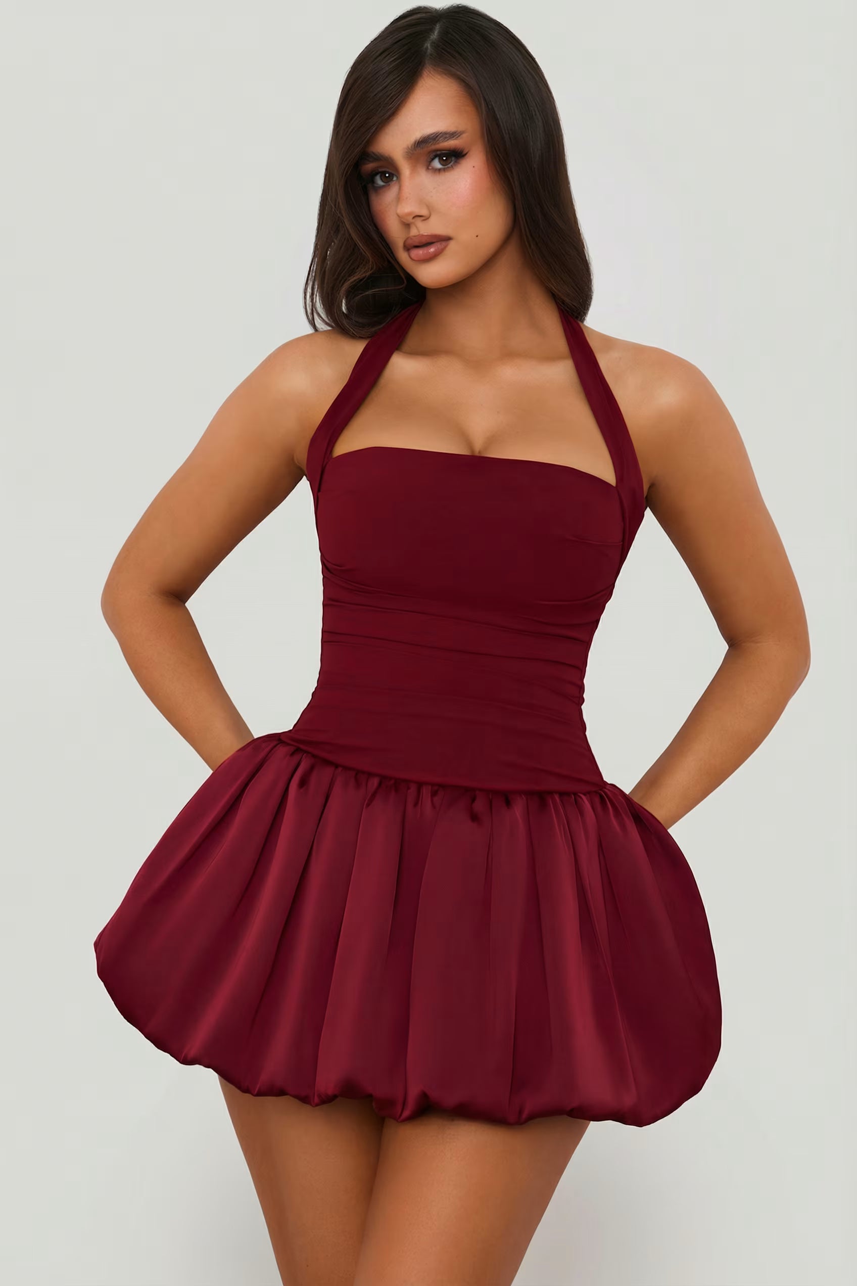 Halter Satin balloon hem mini dress