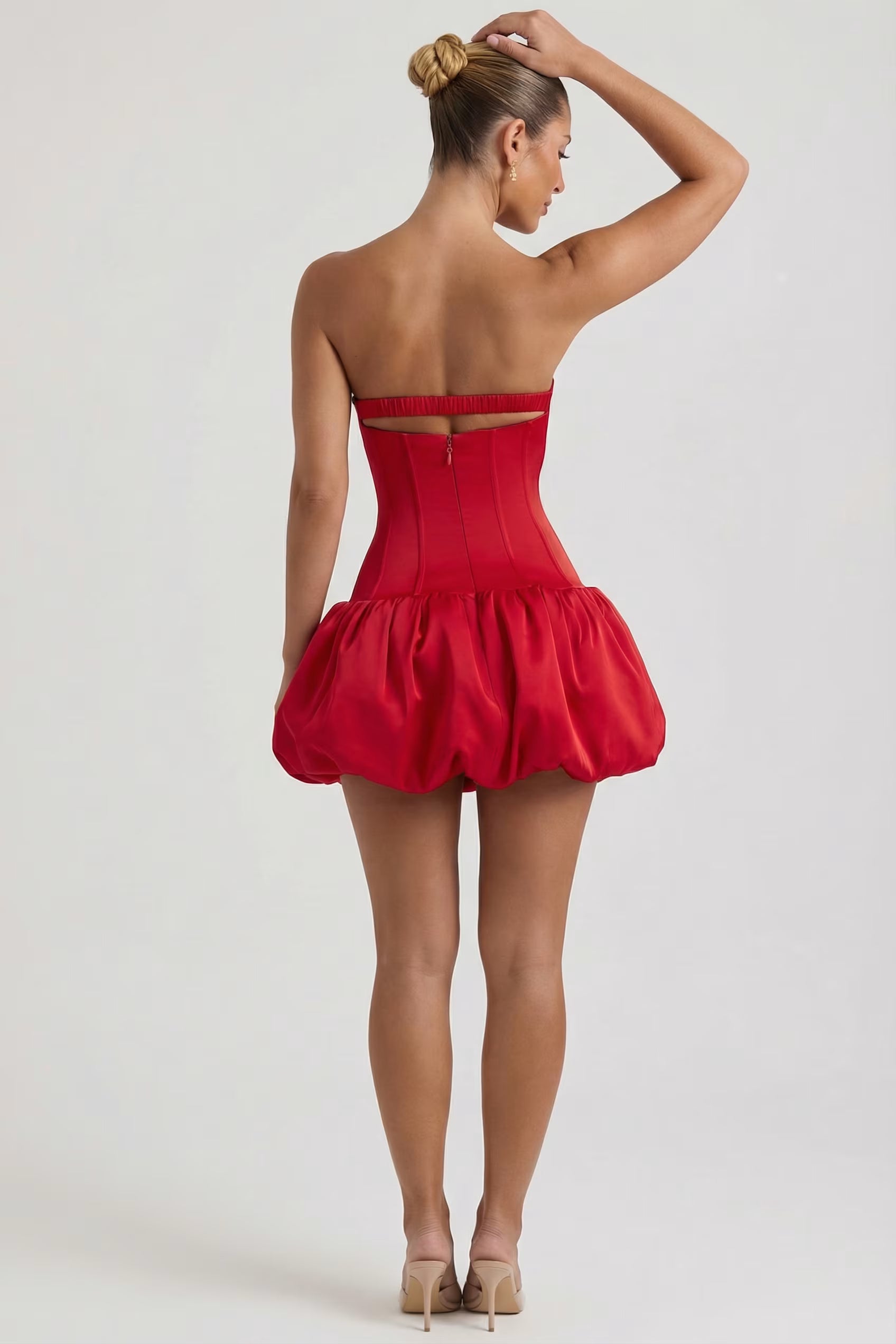 Red satin cupped corset balloon hem mini dress