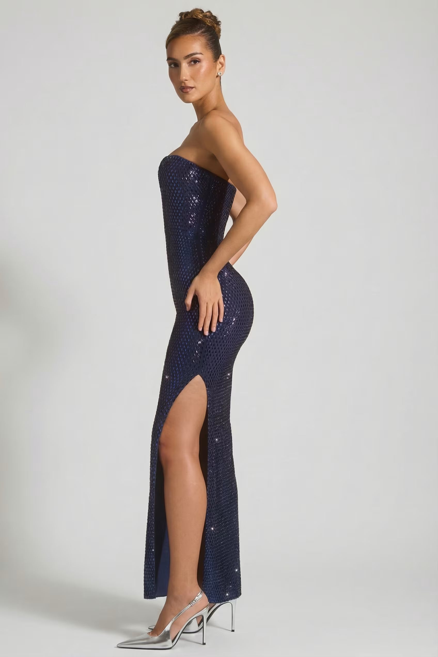 Navy blue embellished plunge corset gown dress
