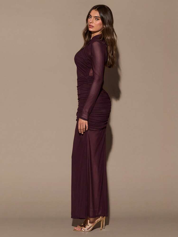 Burgundy cross sheer tulle maxi dress