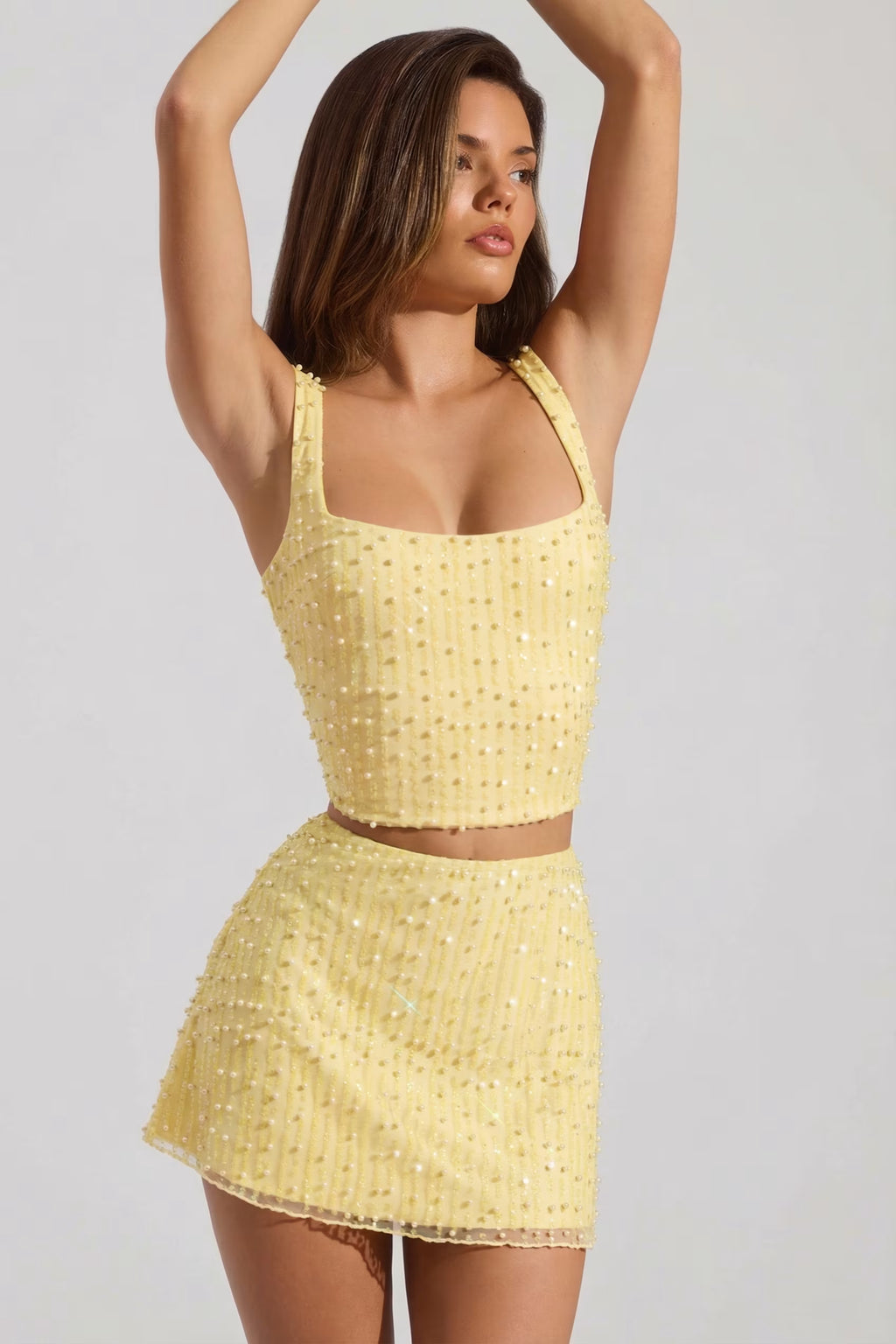Embellished square neck top mini skirt set