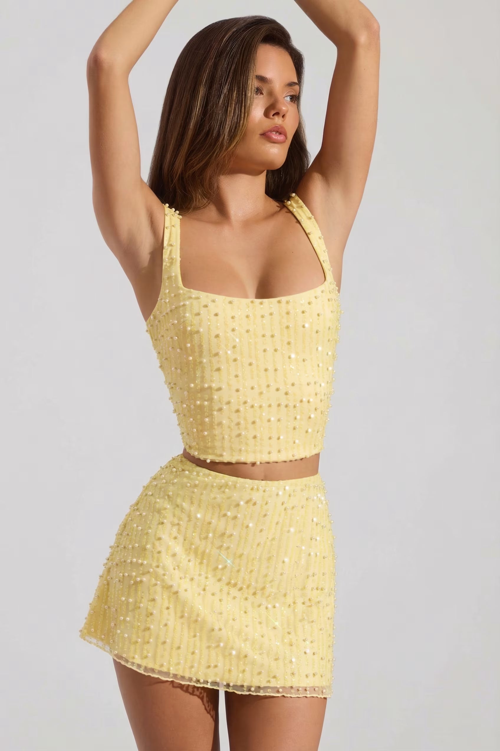 Embellished square neck top mini skirt set