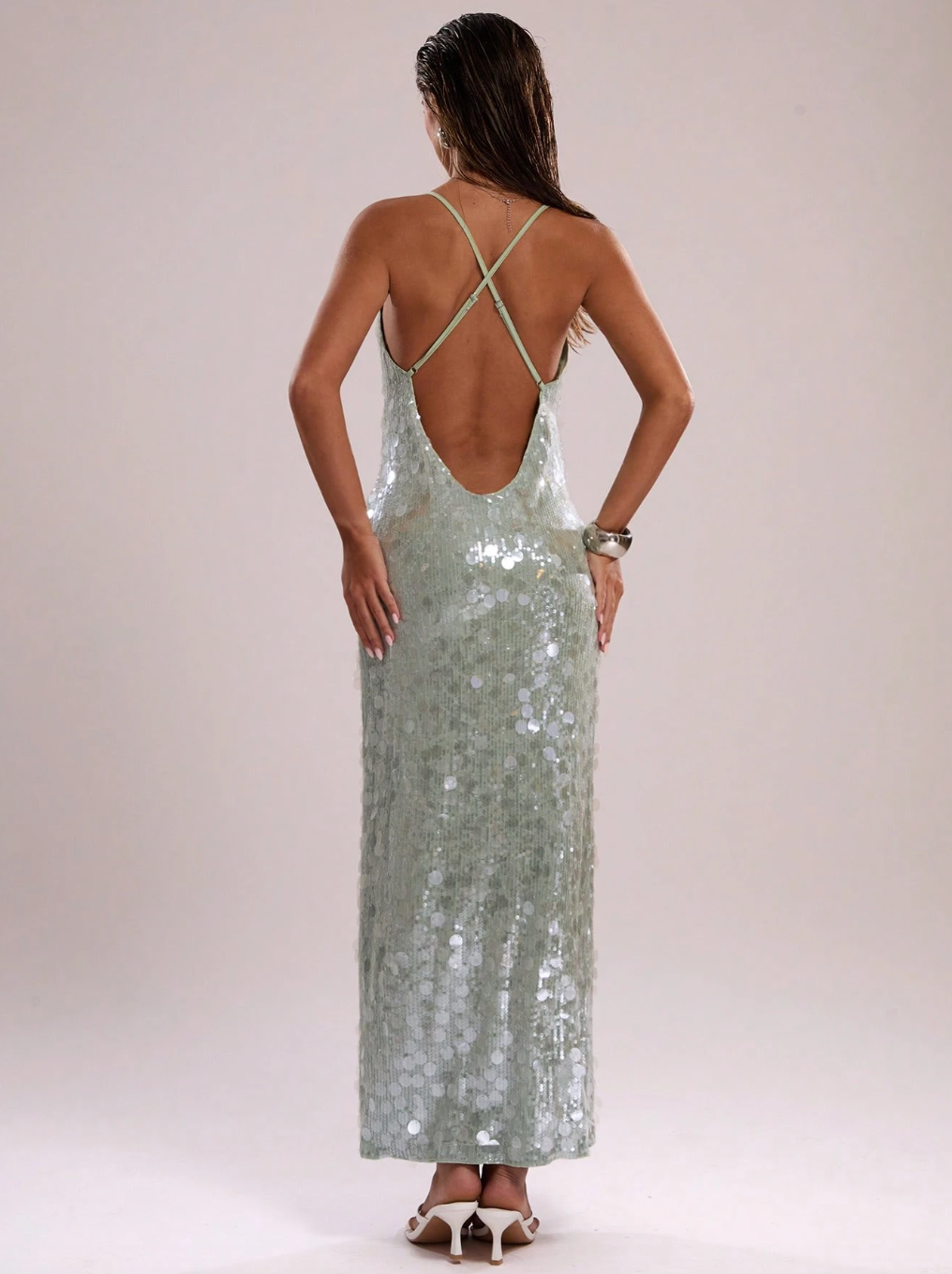 Embellished mermaid sequin cross back maxi dress