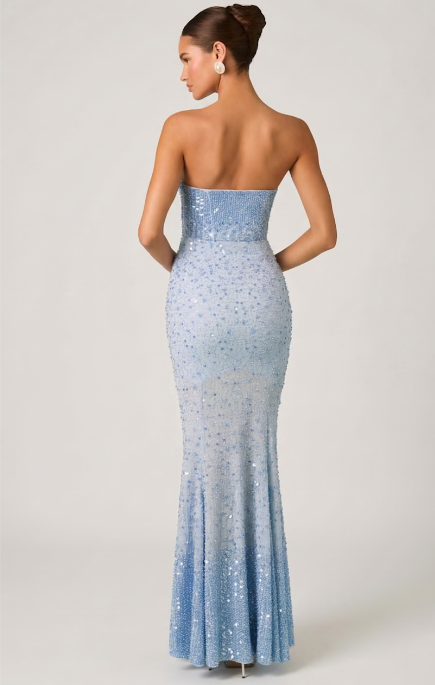 Embellished cupped fishtail gown in blue