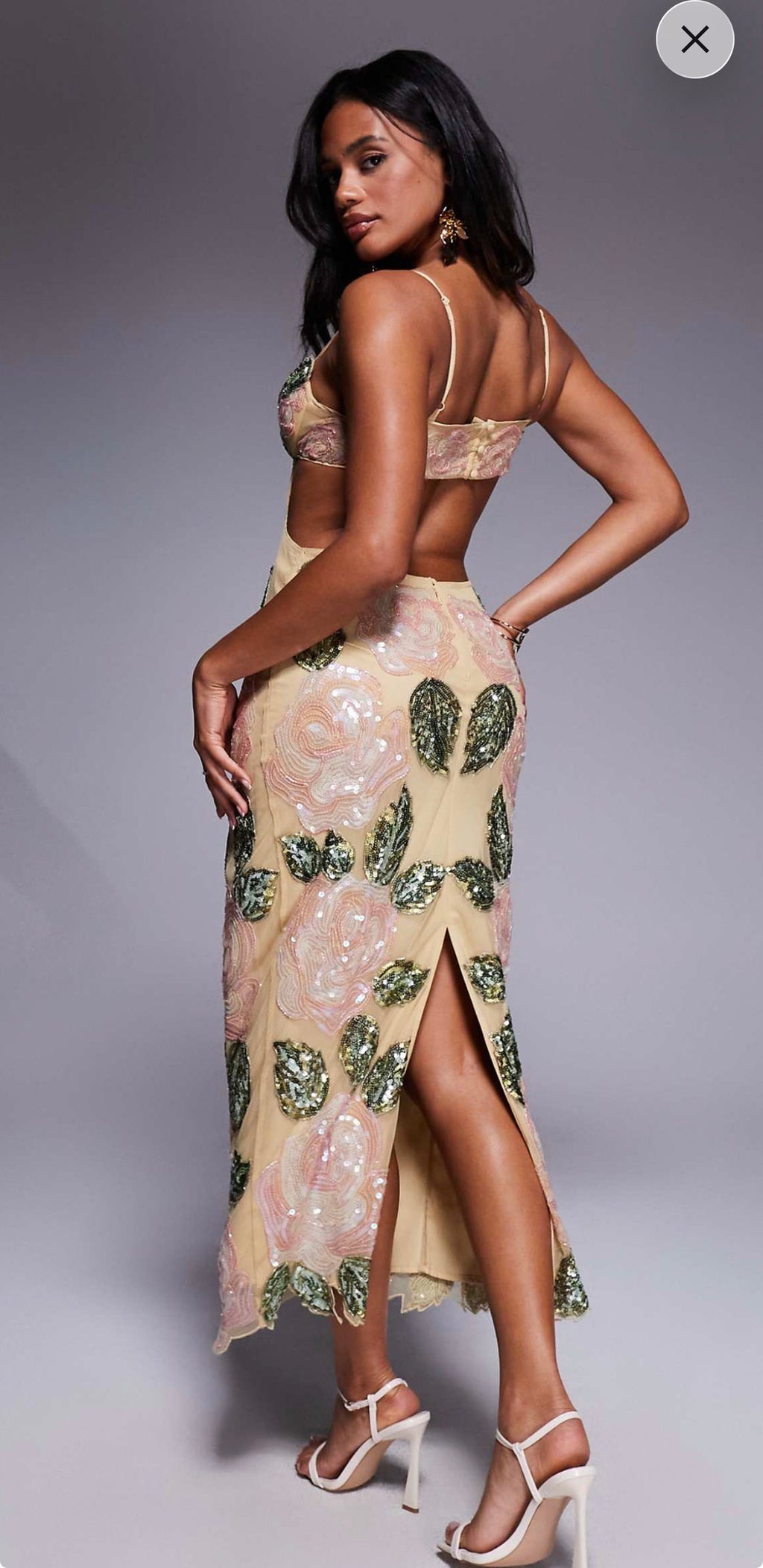 Cream embellished with green leaves maxi dress