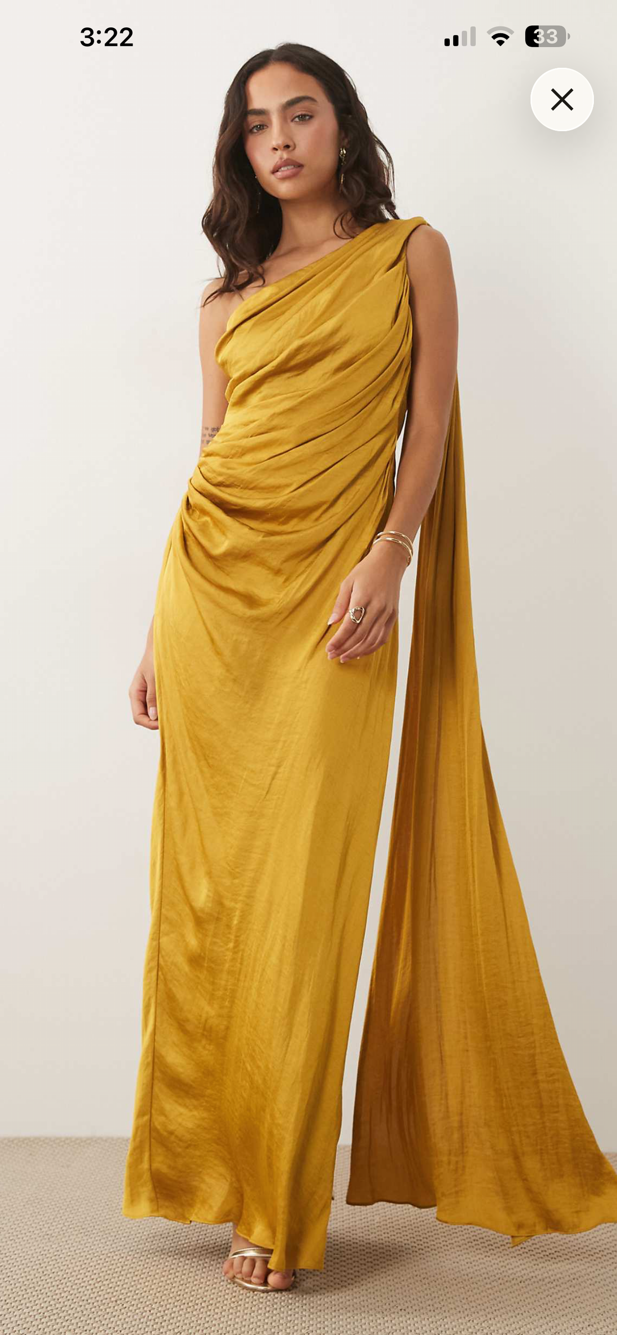 One shoulder draped satin maxi dress mustard