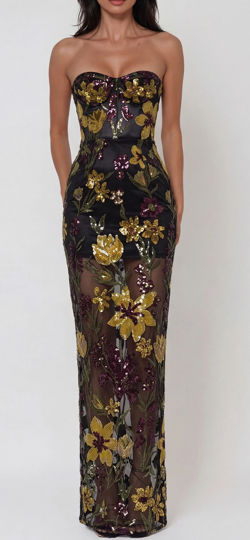 Cupped black multicolored flowers maxi dress