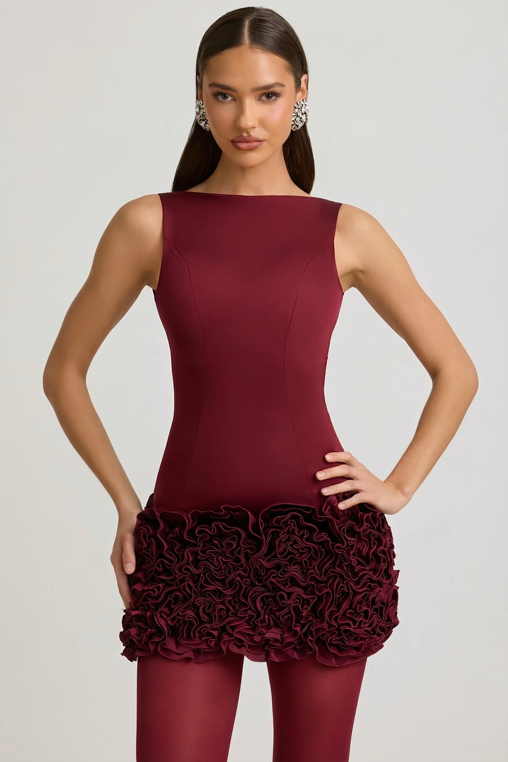 Backlesa 3d floral satin mini dress in burgundy