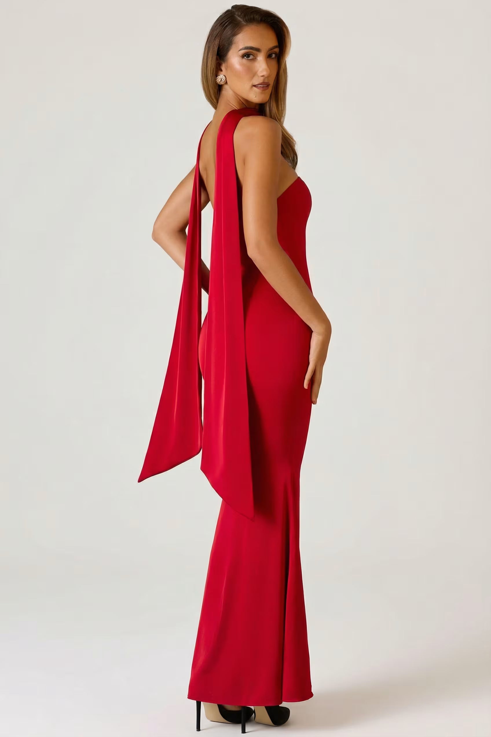 Red Satin with scarf detail maxi dress