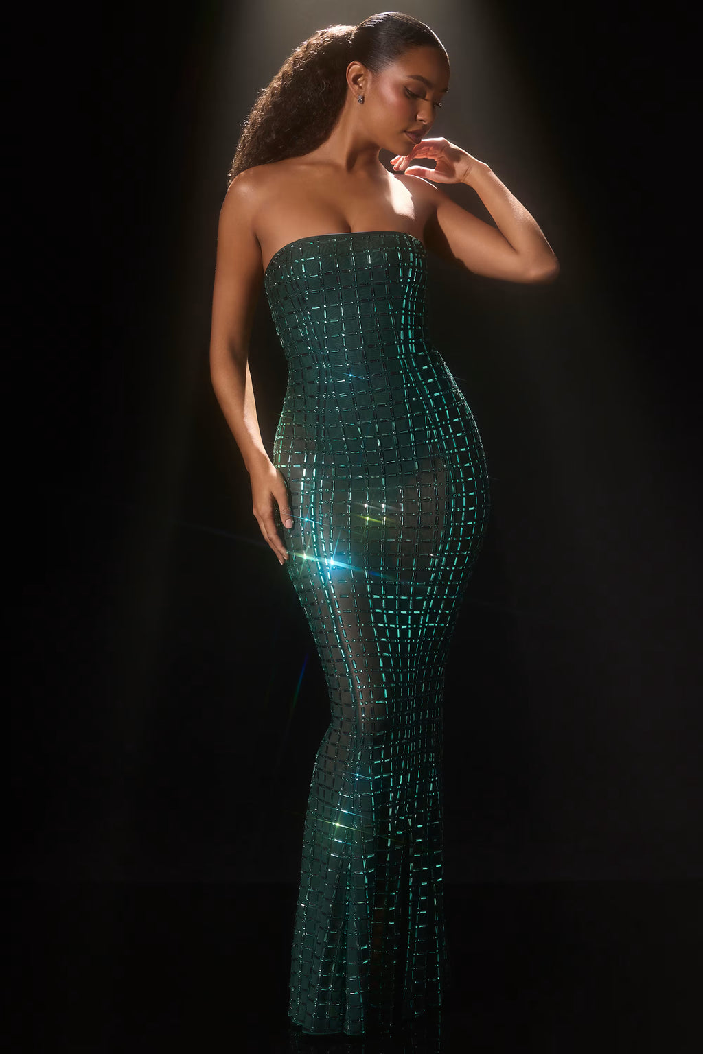 Embellished square emerald green maxi dress