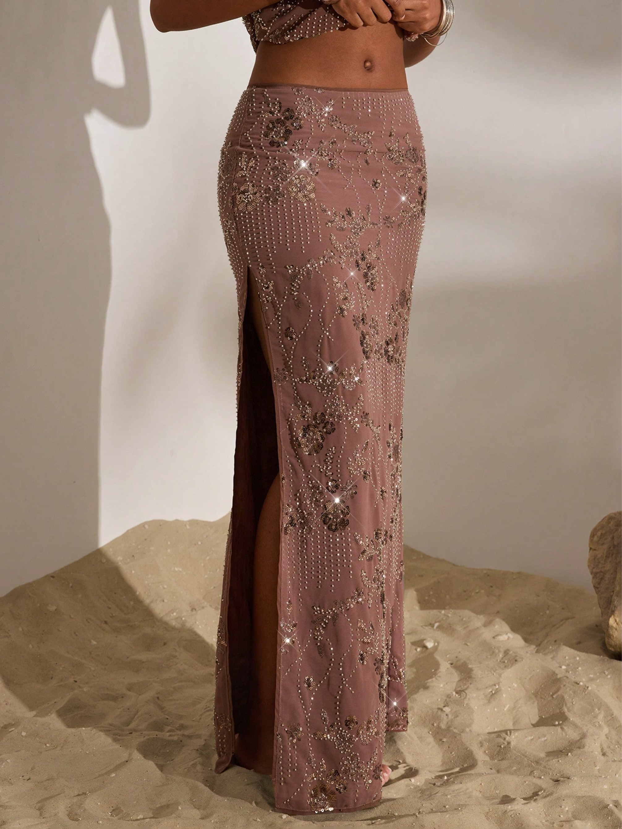 Halter neck backless embellished skirt set in coffee brown