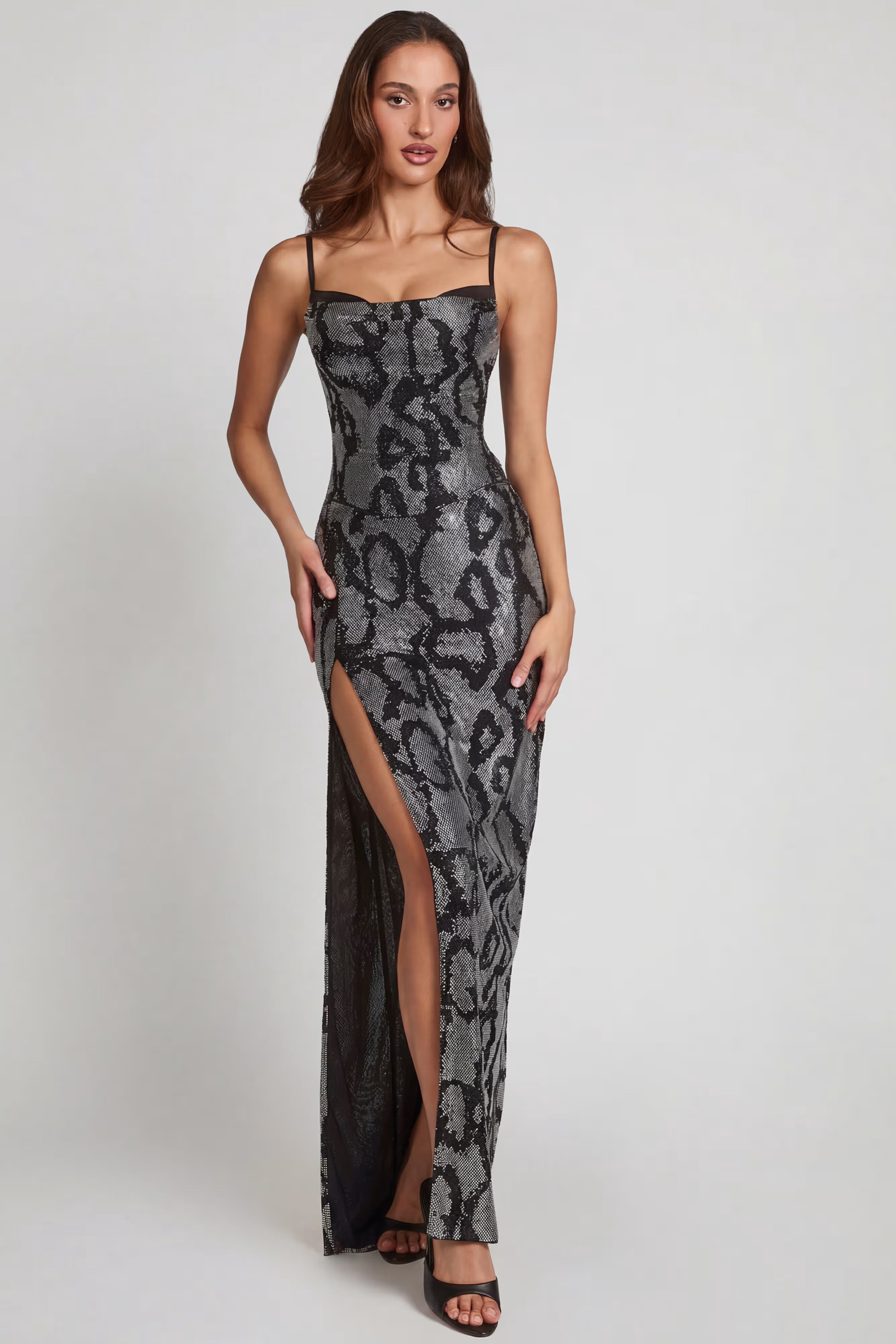 Embellished Snake print cowl neck maxi dress