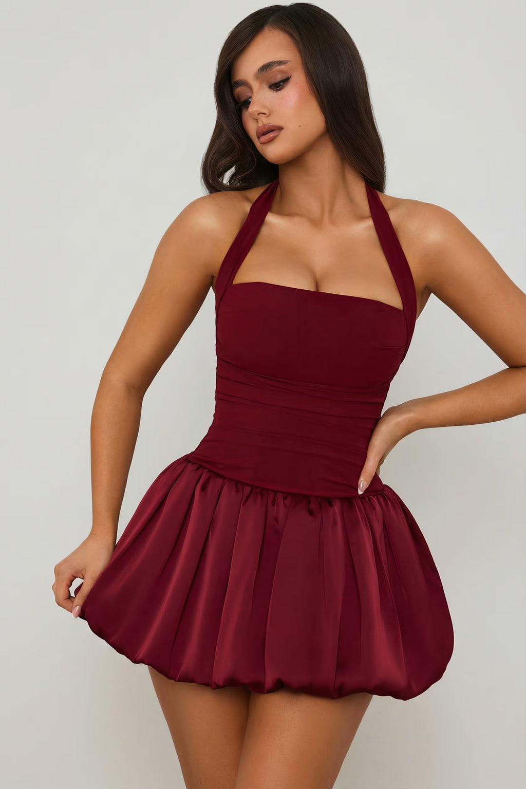 Halter Satin balloon hem mini dress