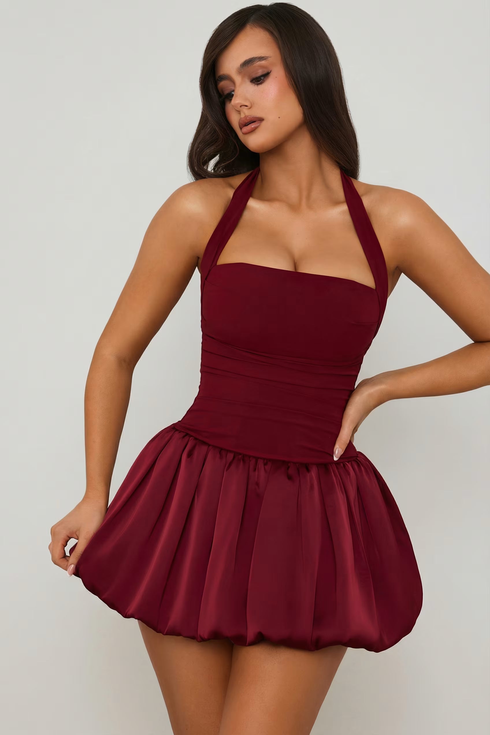 Halter Satin balloon hem mini dress