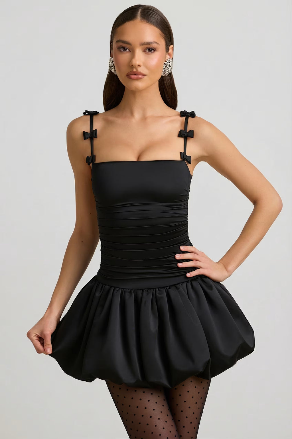 Satin ballon hem with mini floral straps in black