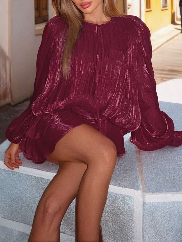 Organza Trendy Mini Dress in Burgundy
