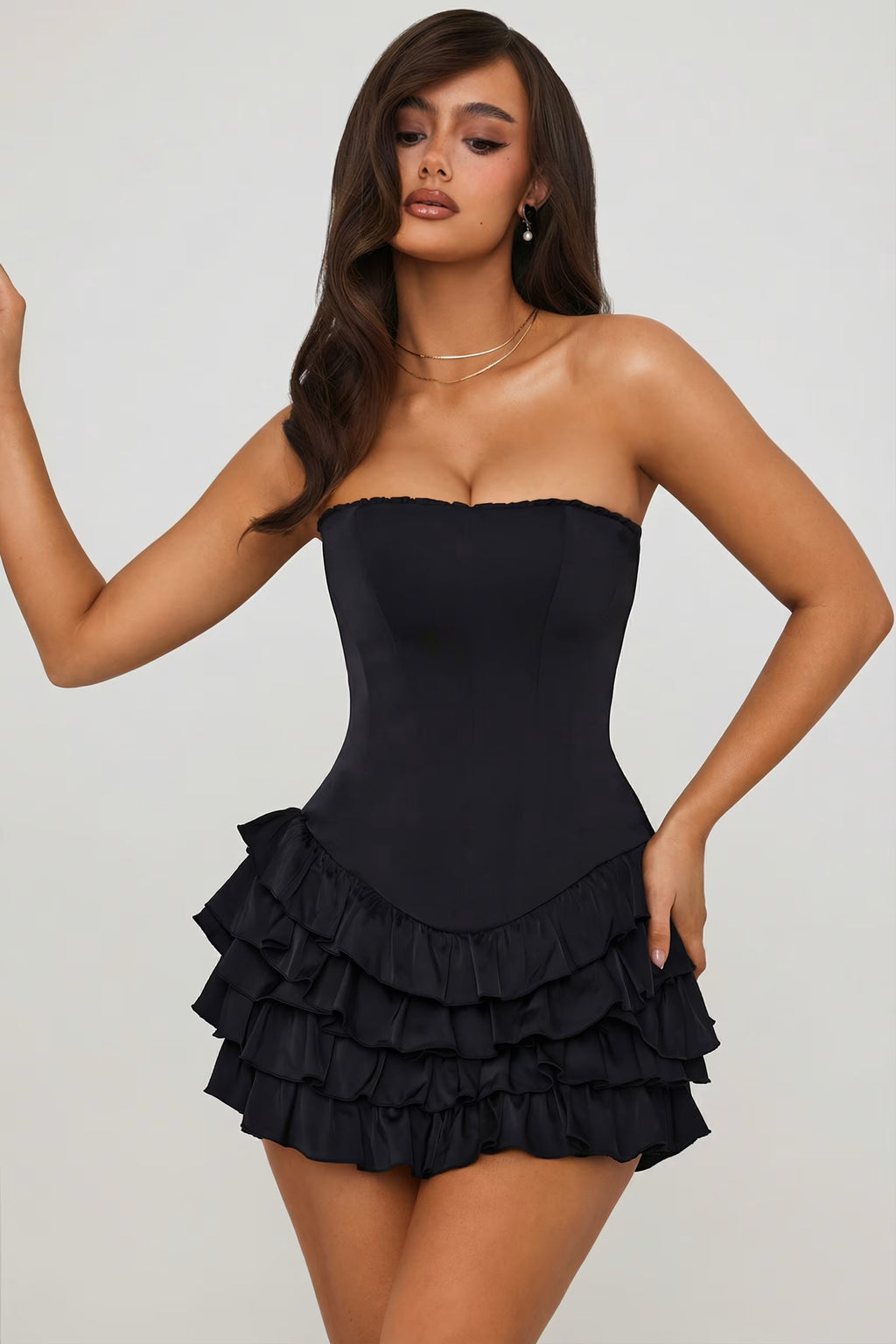 Black corset ruffle hem mini dress