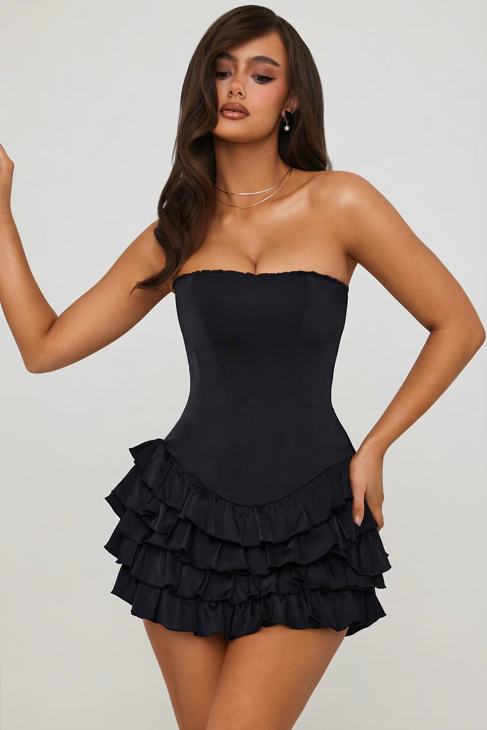 Black corset ruffle hem mini dress