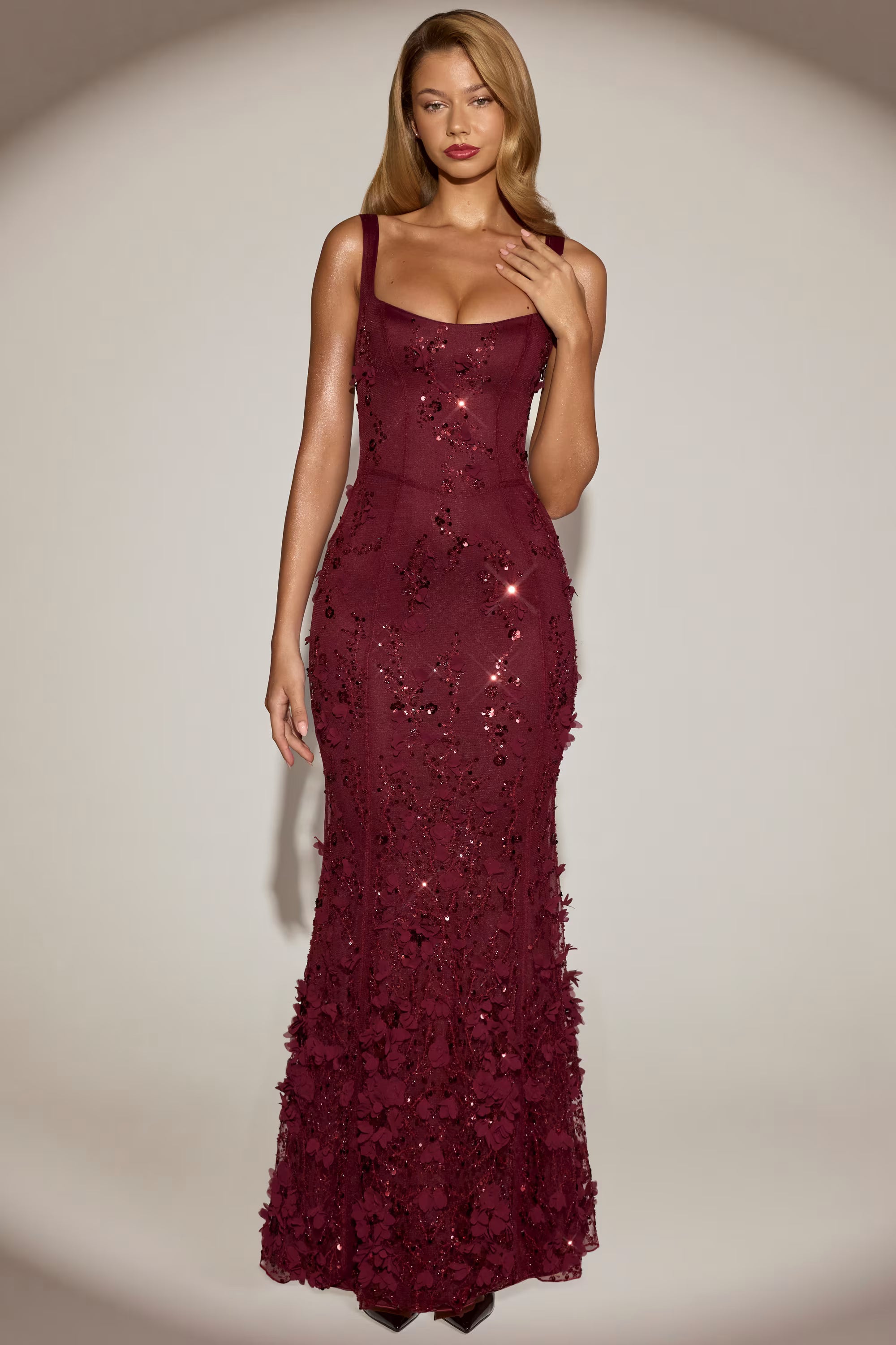 Embellished 3d floral gown in  burgundy