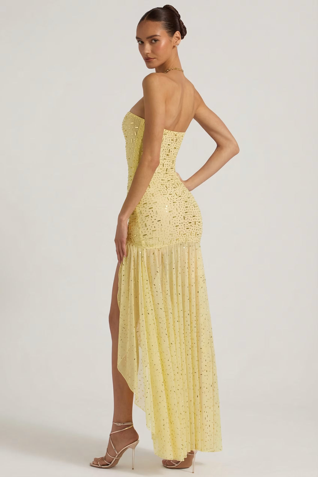 Embellished asymmetrical maxi dress in butter yellow