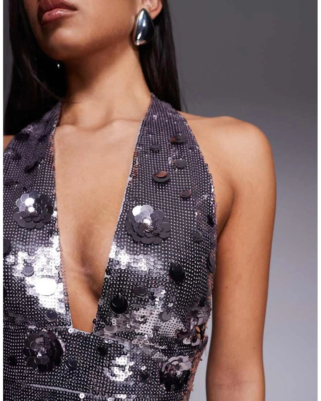 Embellished halter backless 3d floral maxi dress