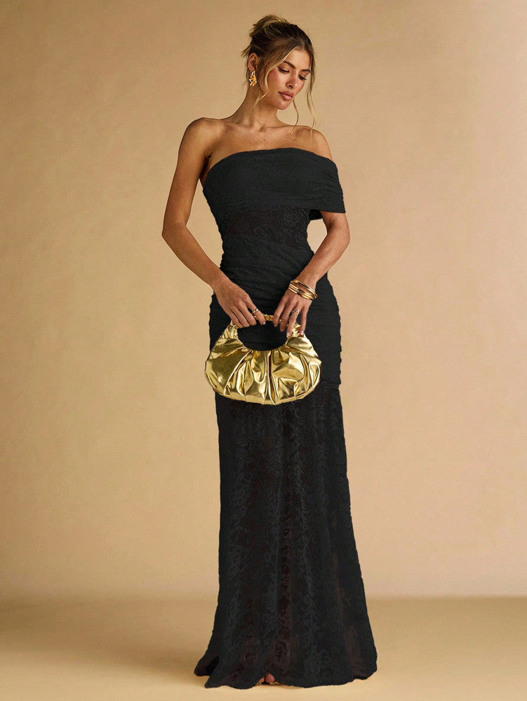 One shoulder lace maxi dress in black