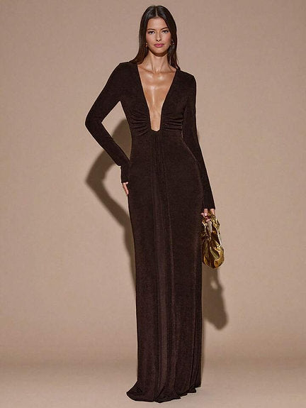 Deep V slinky brown Maxi dress