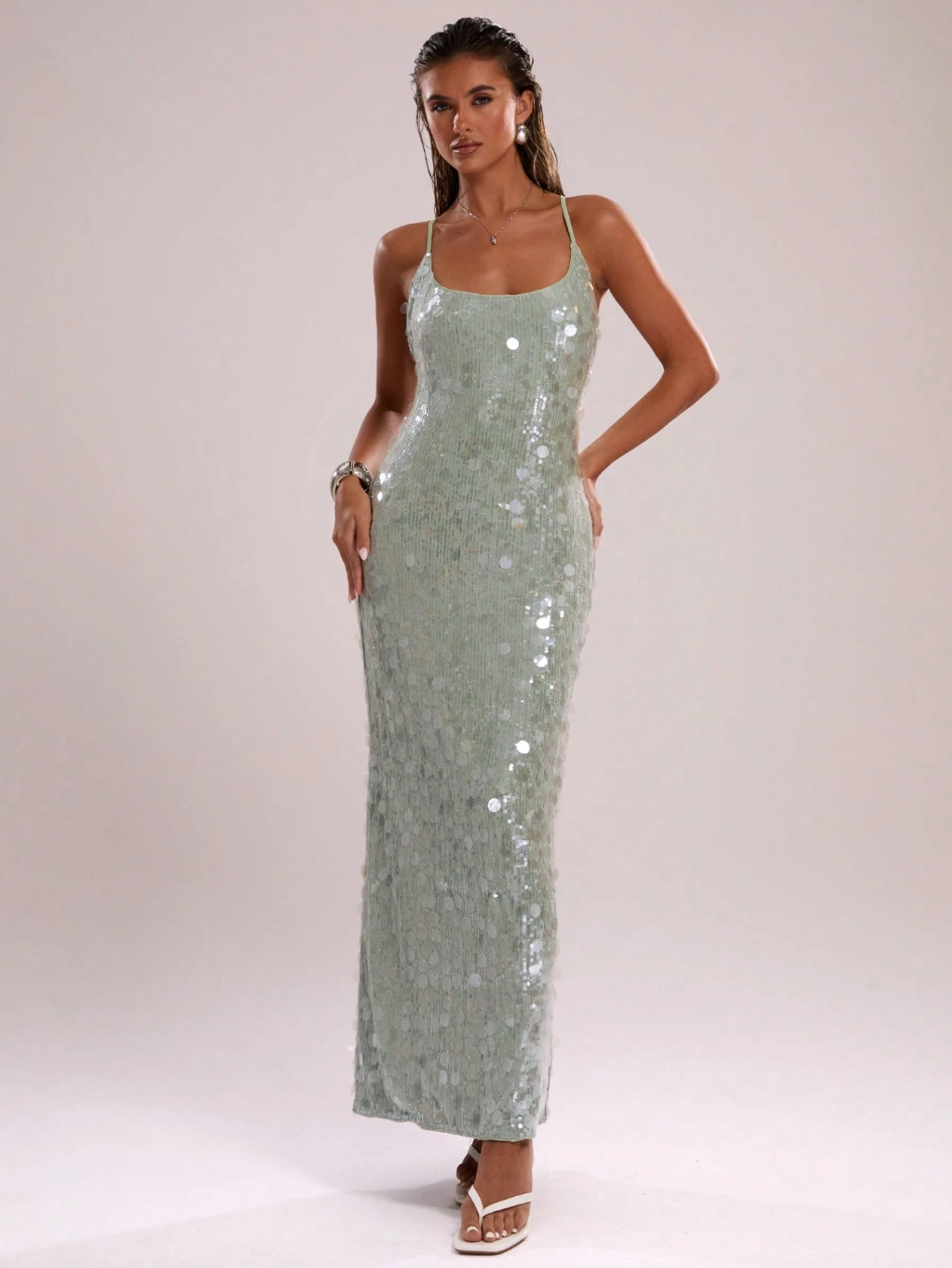 Embellished mermaid sequin cross back maxi dress