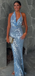 Mermaid sequin halter-neck backless maxi dress in blue
