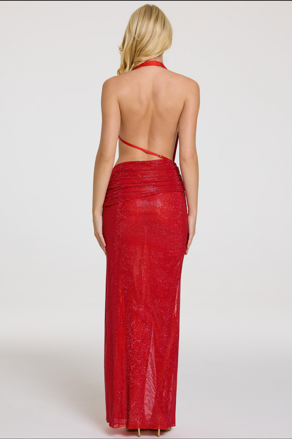Red Halter backless embellished maxi dress