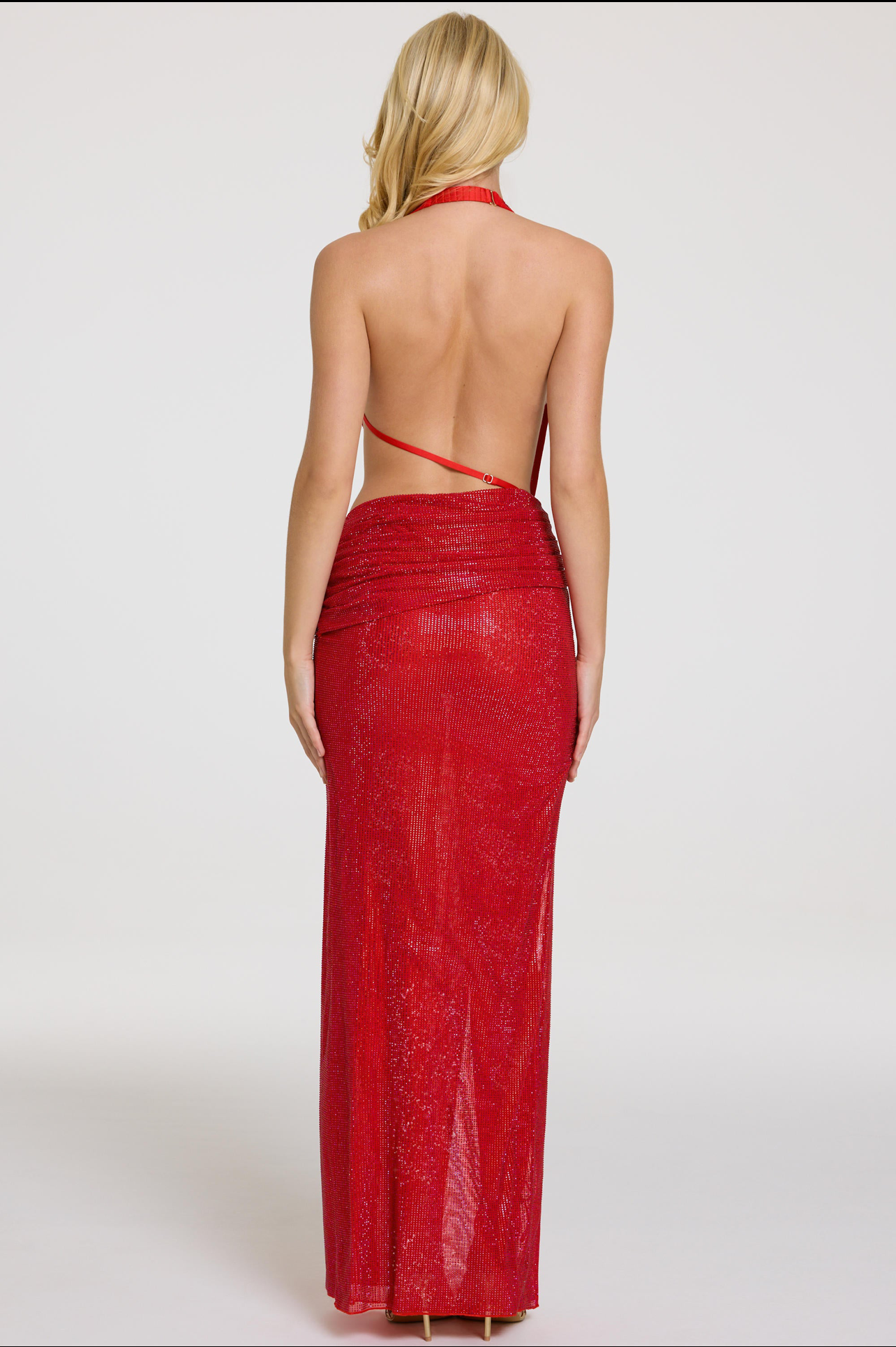 Red Halter backless embellished maxi dress