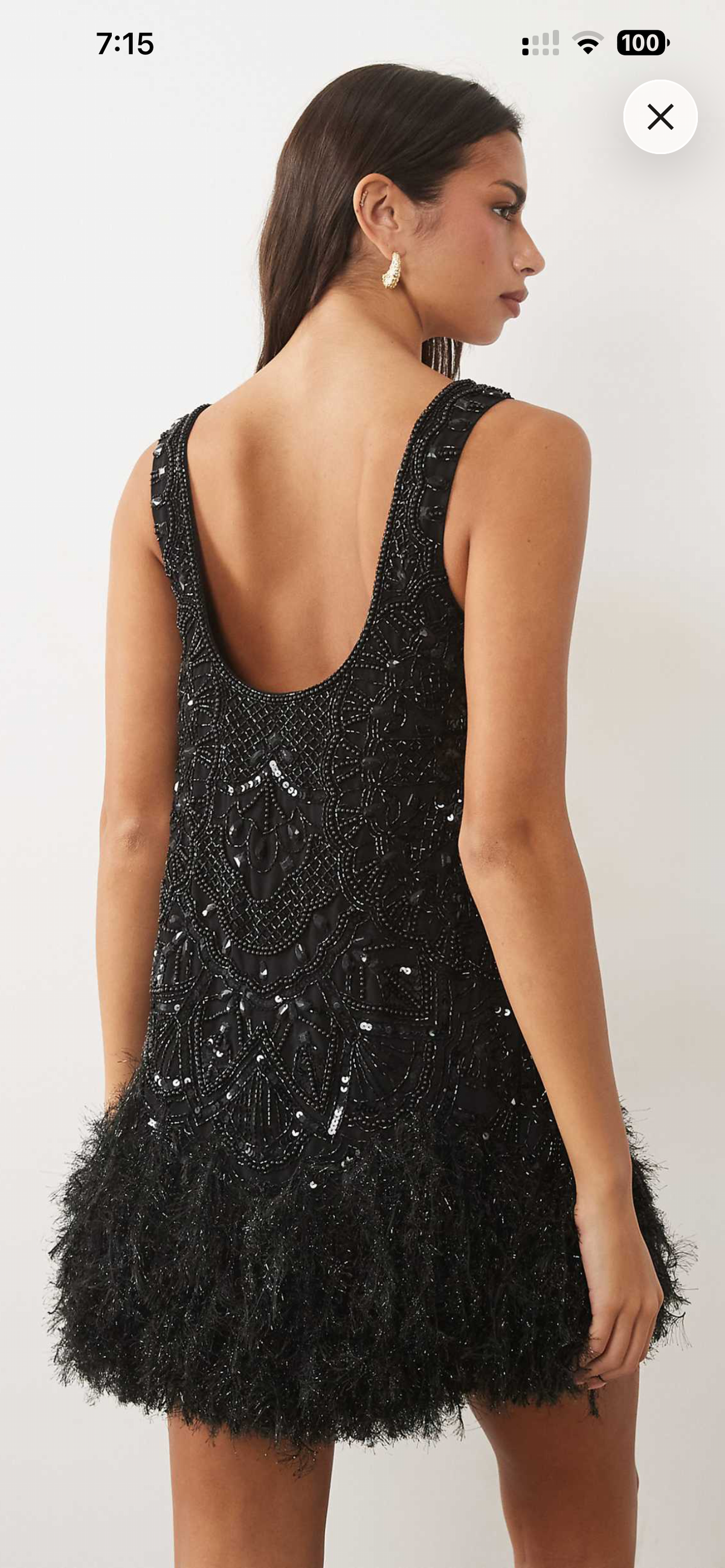 Square neck embellished feather mini dress