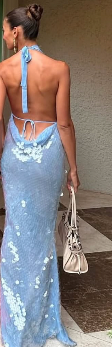 Mermaid sequin halter-neck backless maxi dress in blue
