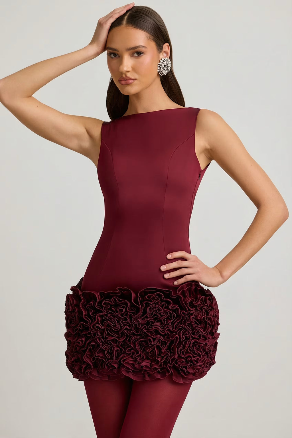 Backlesa 3d floral satin mini dress in burgundy