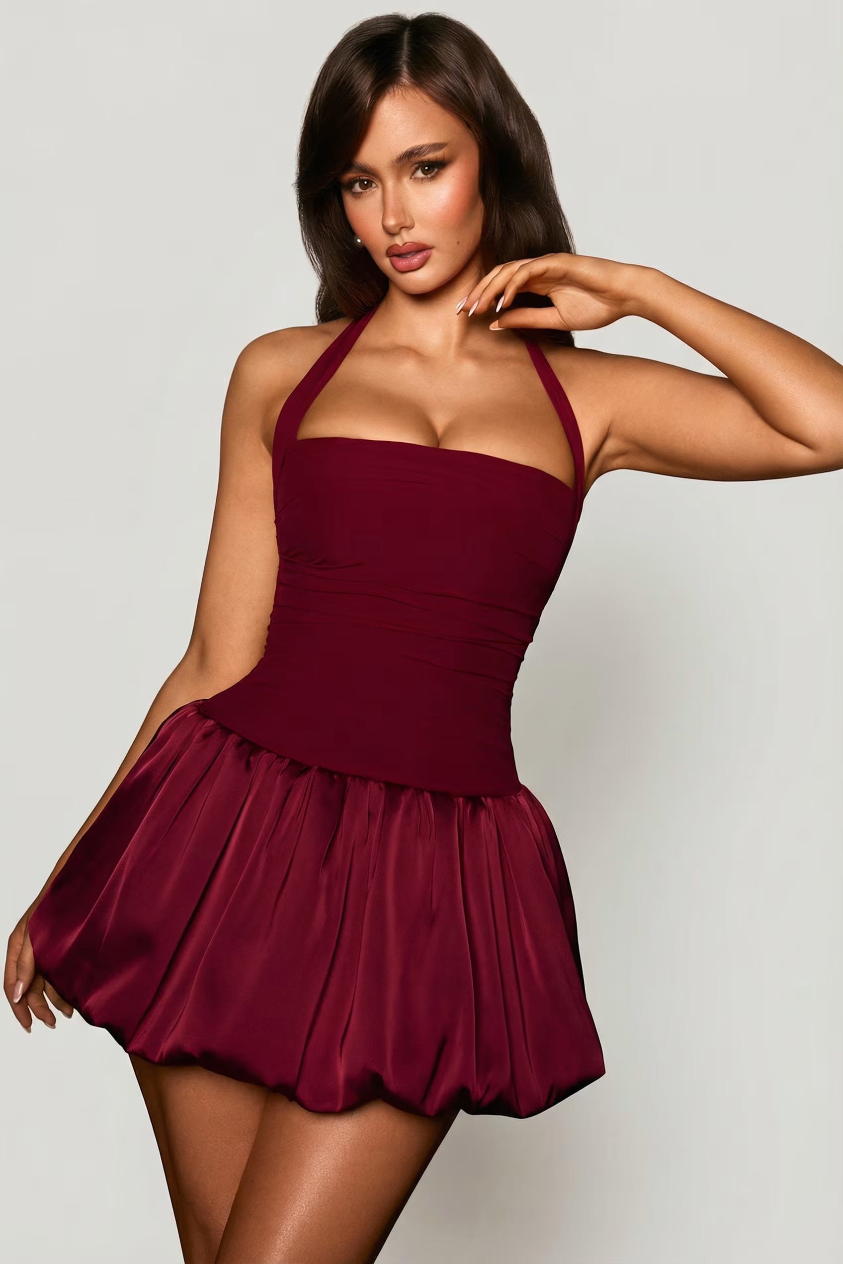 Halter Satin balloon hem mini dress