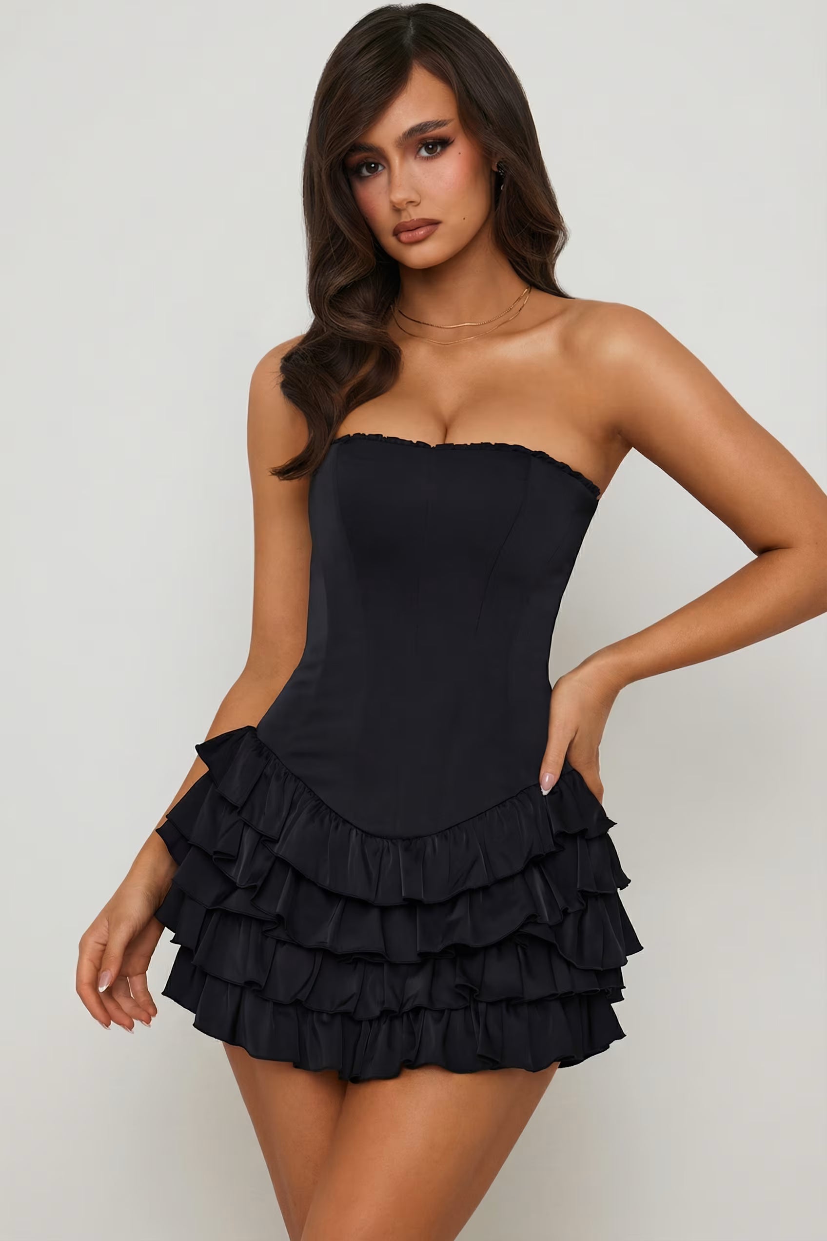 Black corset ruffle hem mini dress