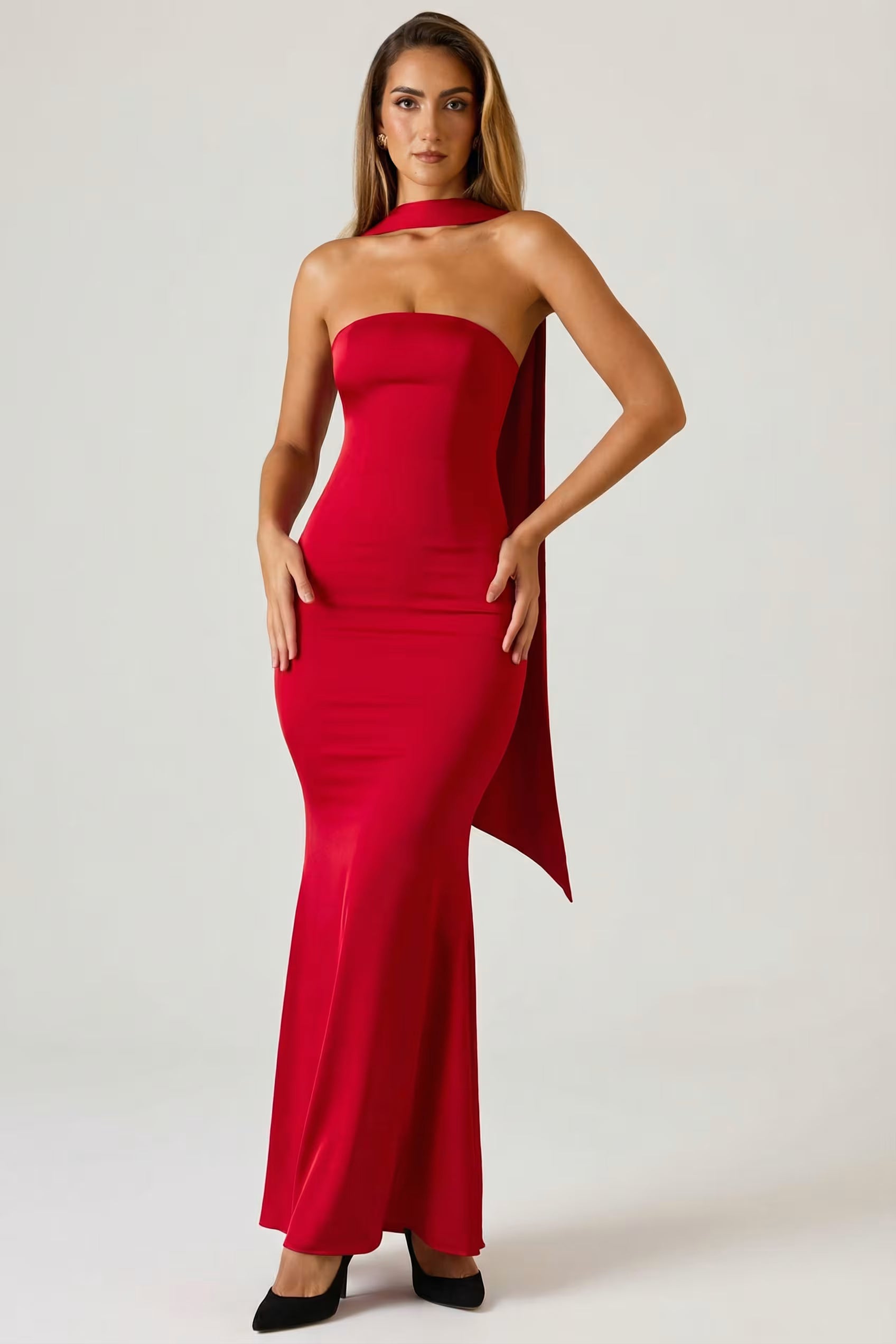 Red Satin with scarf detail maxi dress