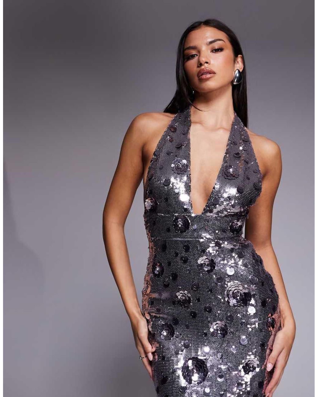 Embellished halter backless 3d floral maxi dress