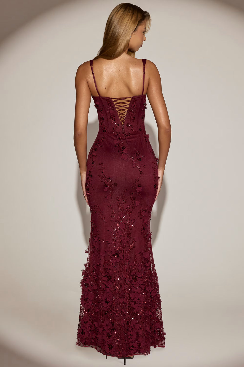 Embellished 3d floral gown in  burgundy