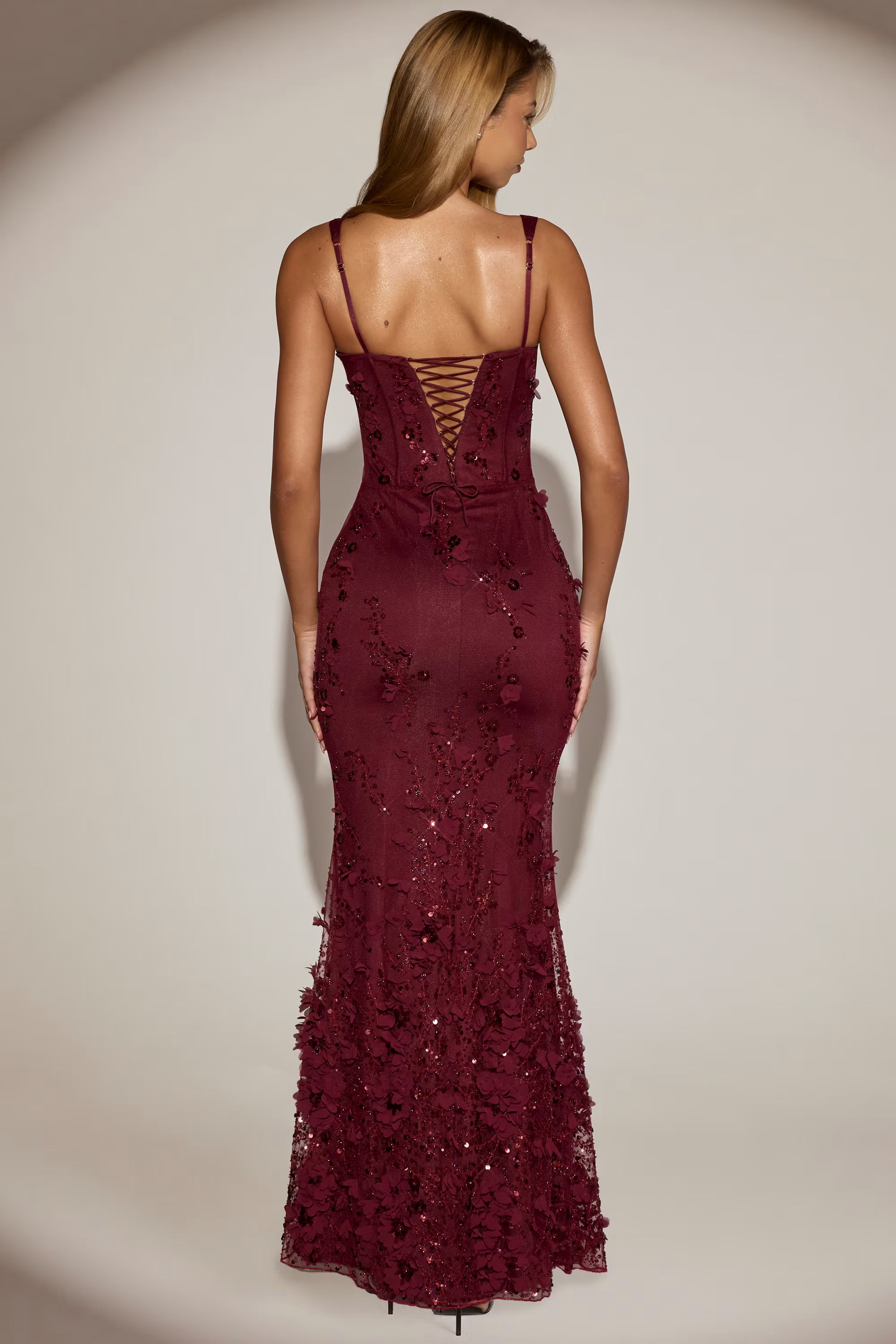 Embellished 3d floral gown in  burgundy