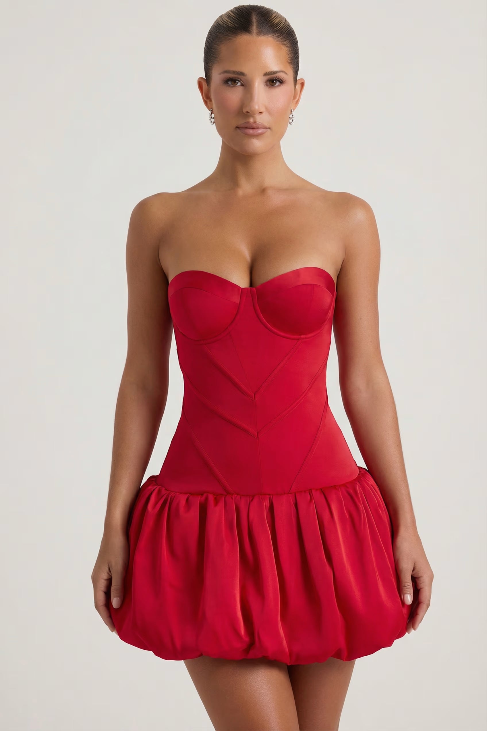 Red satin cupped corset balloon hem mini dress