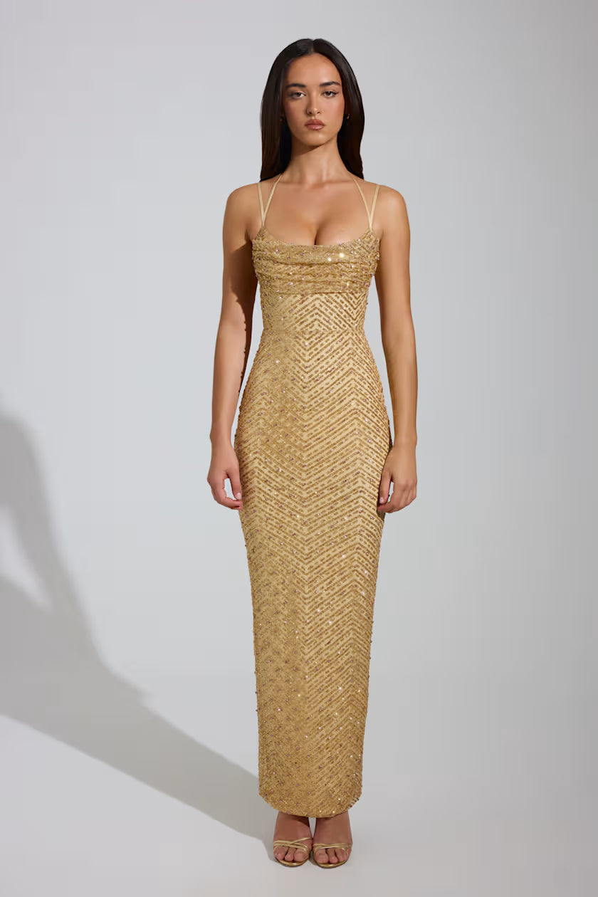 Sequin cowl neck maxi dress in gold