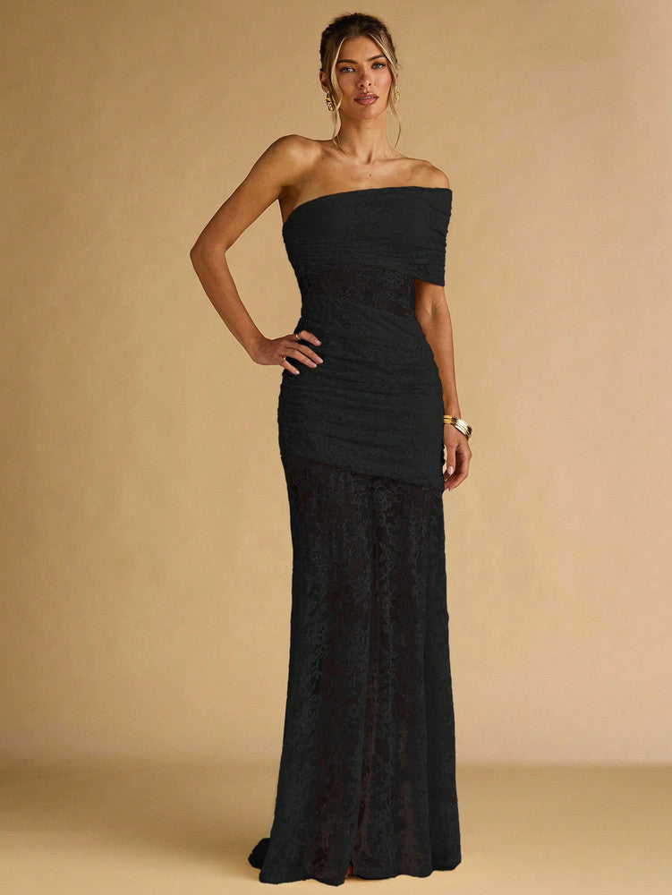 One shoulder lace maxi dress in black