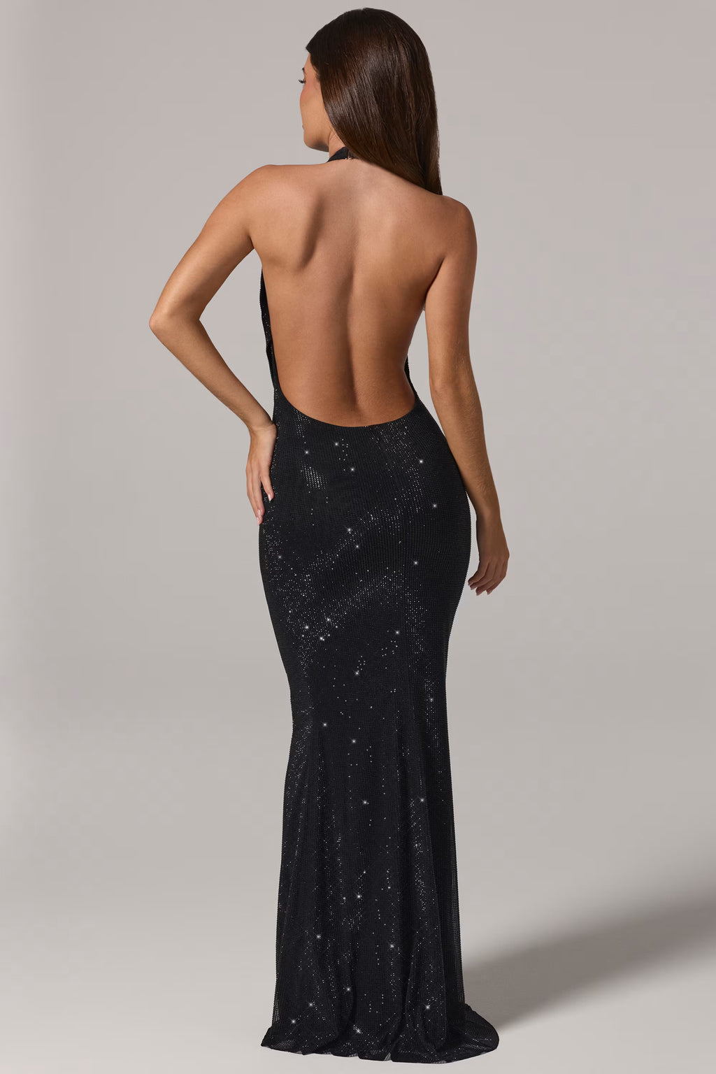 Embellished Diamante backless dress in black