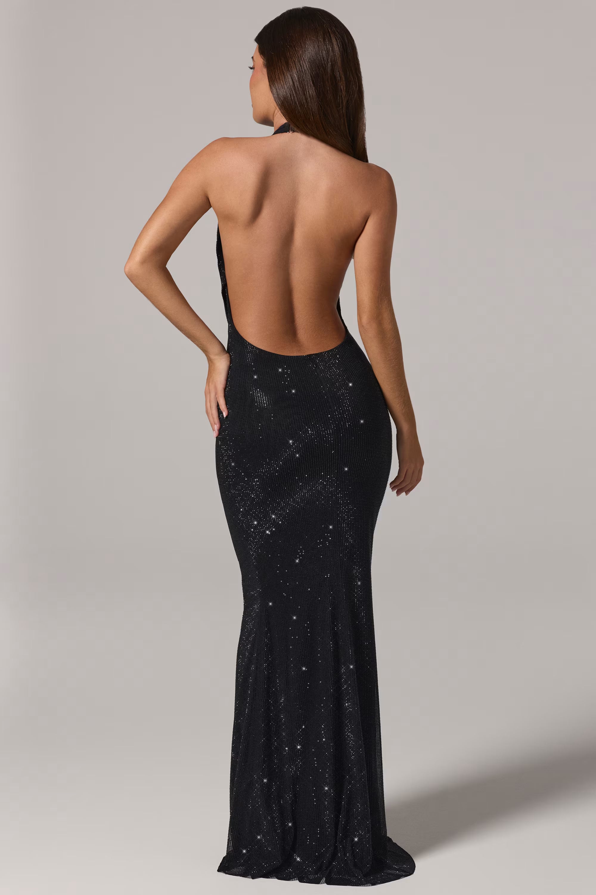 Embellished Diamante backless dress in black